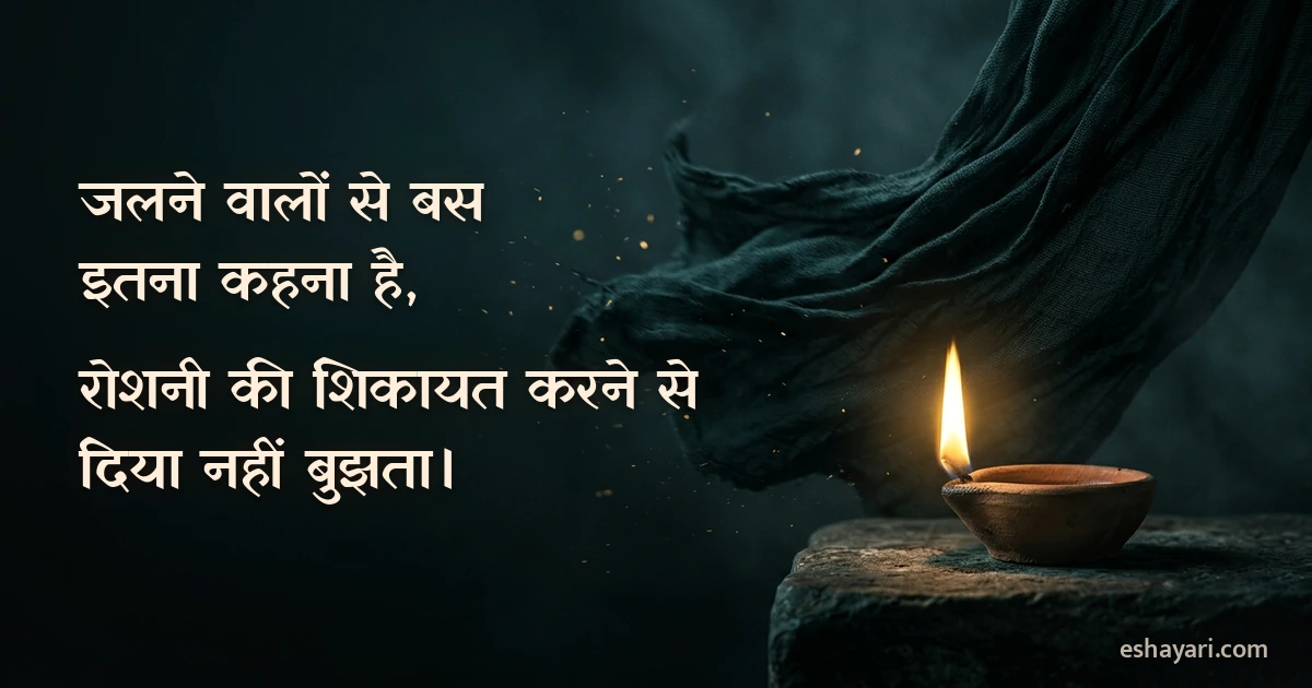 तेज़ हवा में उड़ते पर्दे के सामने स्थिर जलता दीया, जलने वालों के लिए Attitude Shayari