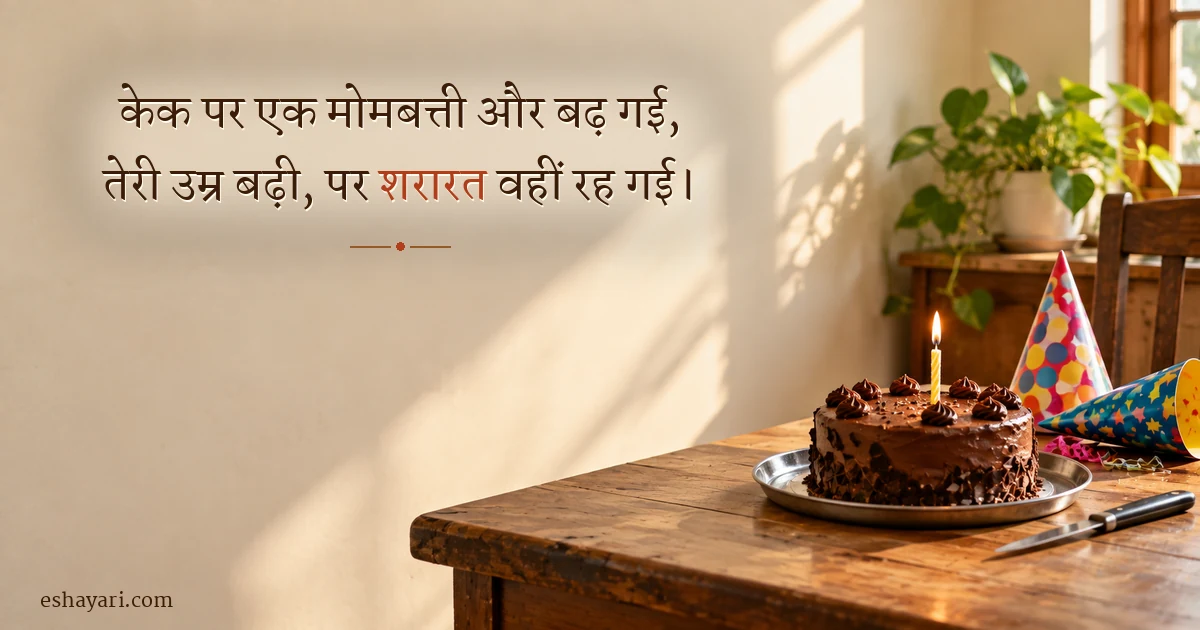 दोस्त के जन्मदिन पर दोस्ती शायरी – मेज़ पर एक जलती मोमबत्ती वाला छोटा घर का बना केक (Birthday Dosti Shayari)