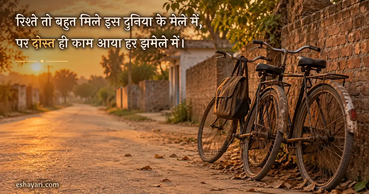 Dosti Shayari in Hindi – शाम की धूप में गाँव की गली में दीवार से टिकी दो पुरानी साइकिलें (दोस्ती शायरी)