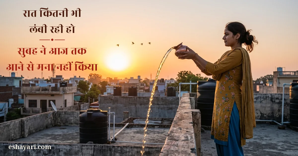 Good morning shayari - ugte suraj ko chhat par lote se jal chadhati ladki, रात कितनी भी लंबी रही हो, सुबह ने आज तक आने से मना नहीं किया