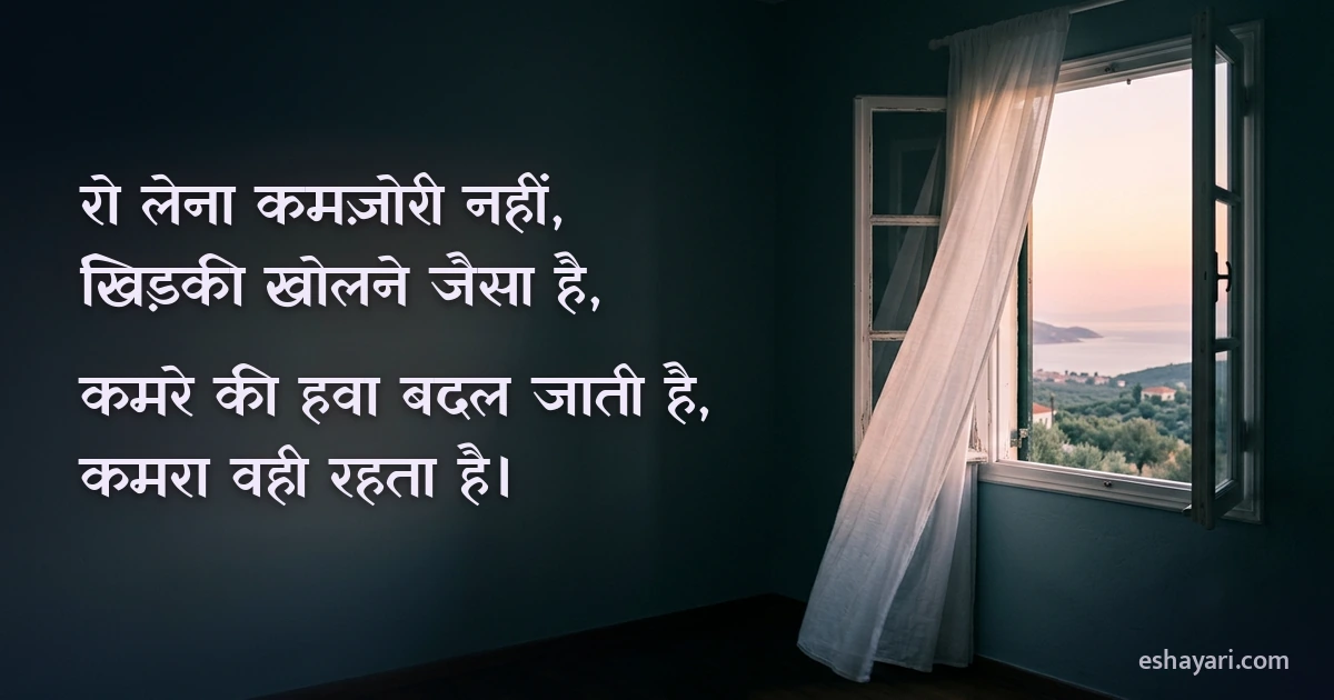 हल्की रोशनी में खुली खिड़की और हवा में उड़ता पर्दा, उदासी में तसल्ली की शायरी