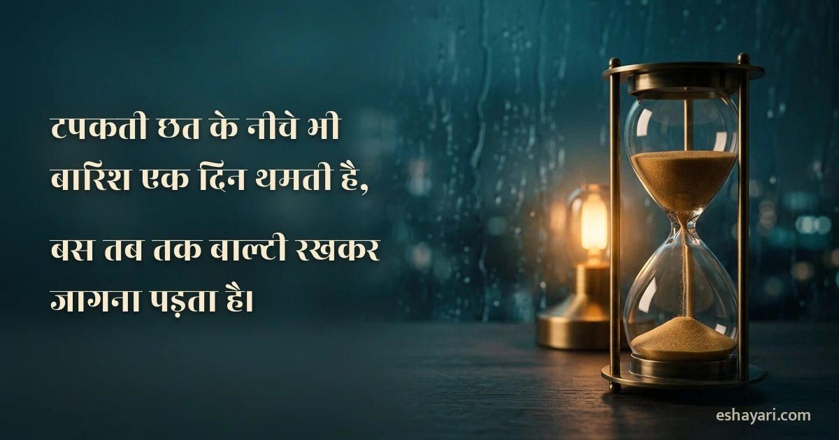 बुरा वक्त शायरी – बारिश वाली खिड़की के पास लैंप और रेत की घड़ी, टपकती छत के नीचे भी बारिश एक दिन थमती है