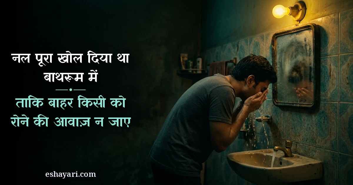 Aankhon mein aansu shayari - raat ko bathroom ke sink par chehre par paani maarta ladka, नल पूरा खोल दिया था बाथरूम में, ताकि बाहर किसी को रोने की आवाज़ न जाए