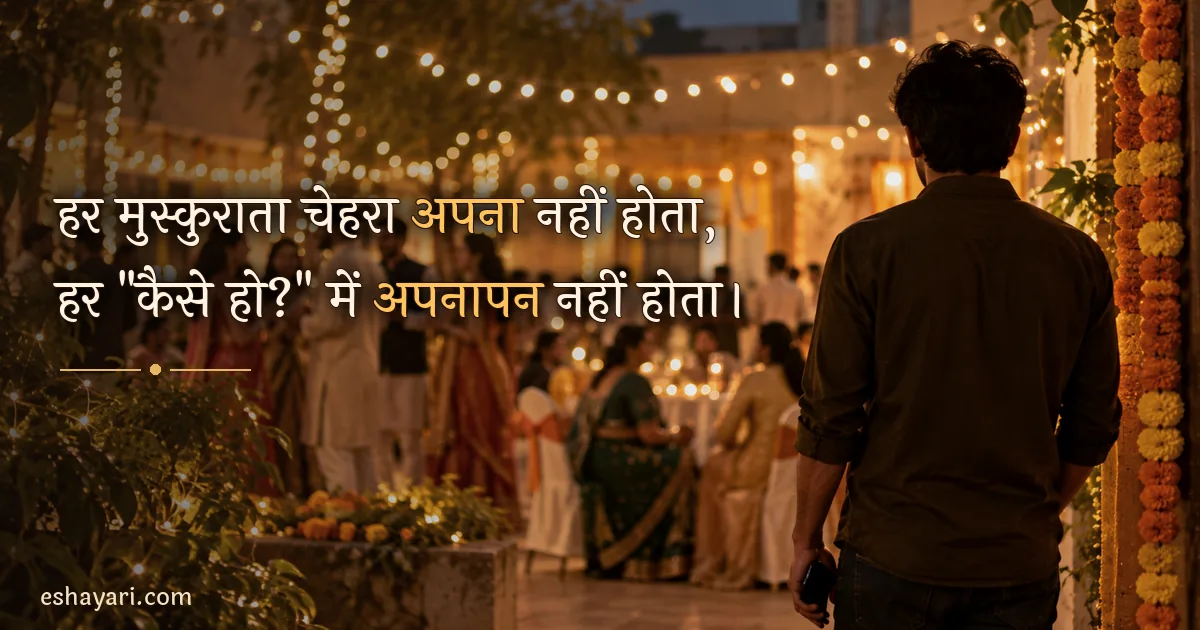 दिखावे का अपनापन शायरी – रोशनी से सजे समारोह की भीड़ से अलग खड़ा व्यक्ति