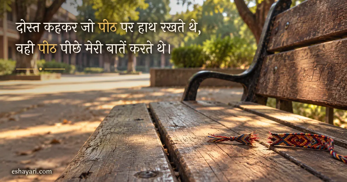 दोस्त ने भरोसा तोड़ा शायरी – कॉलेज की लकड़ी की बेंच पर कटा हुआ फ्रेंडशिप बैंड (Trust Broken Shayari)