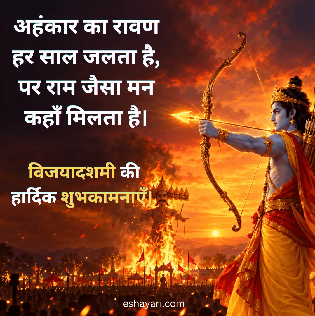 दशहरा पर राम जी की शायरी, धनुष चलाते श्री राम और जलता रावण