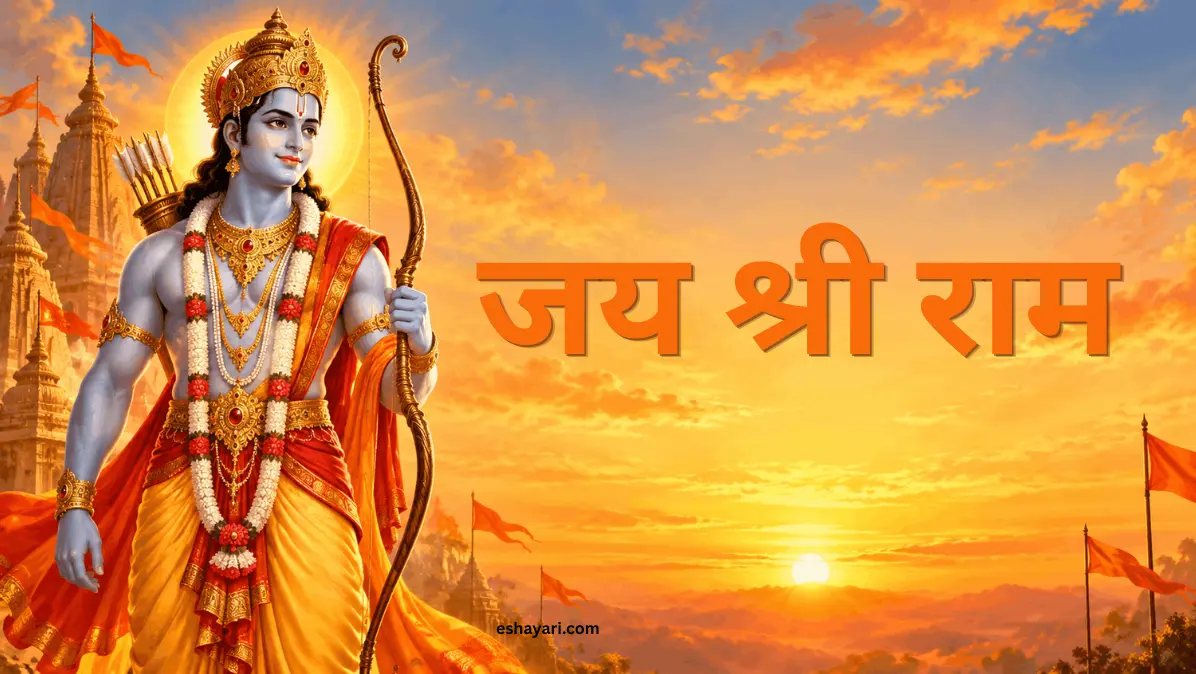जय श्री राम हिंदी text के साथ धनुष लिए भगवान श्री राम