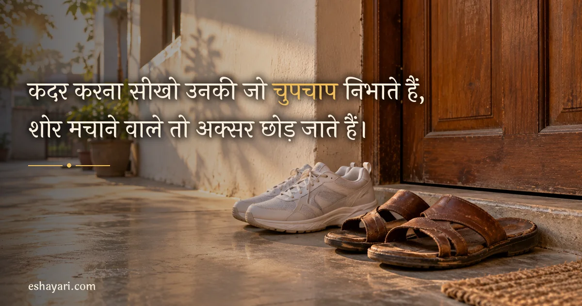 Kadar Shayari in Hindi – दरवाज़े पर रखी पापा की घिसी हुई चप्पल और नए जूते (कदर शायरी)