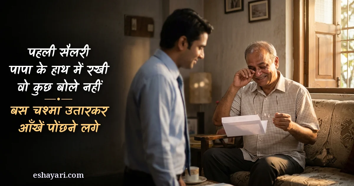 Khushi ke aansu shayari - pehli salary ka lifafa haath me liye chashma utarkar aankhen ponchhte papa, पहली सैलरी पापा के हाथ में रखी, वो कुछ बोले नहीं, बस चश्मा उतारकर आँखें पोंछने लगे