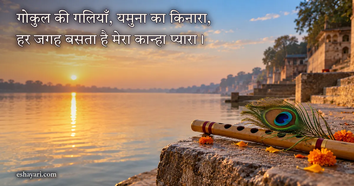 Krishna Shayari in Hindi – सुबह नदी किनारे घाट की सीढ़ी पर रखी बाँसुरी और मोर पंख (श्री कृष्ण शायरी)