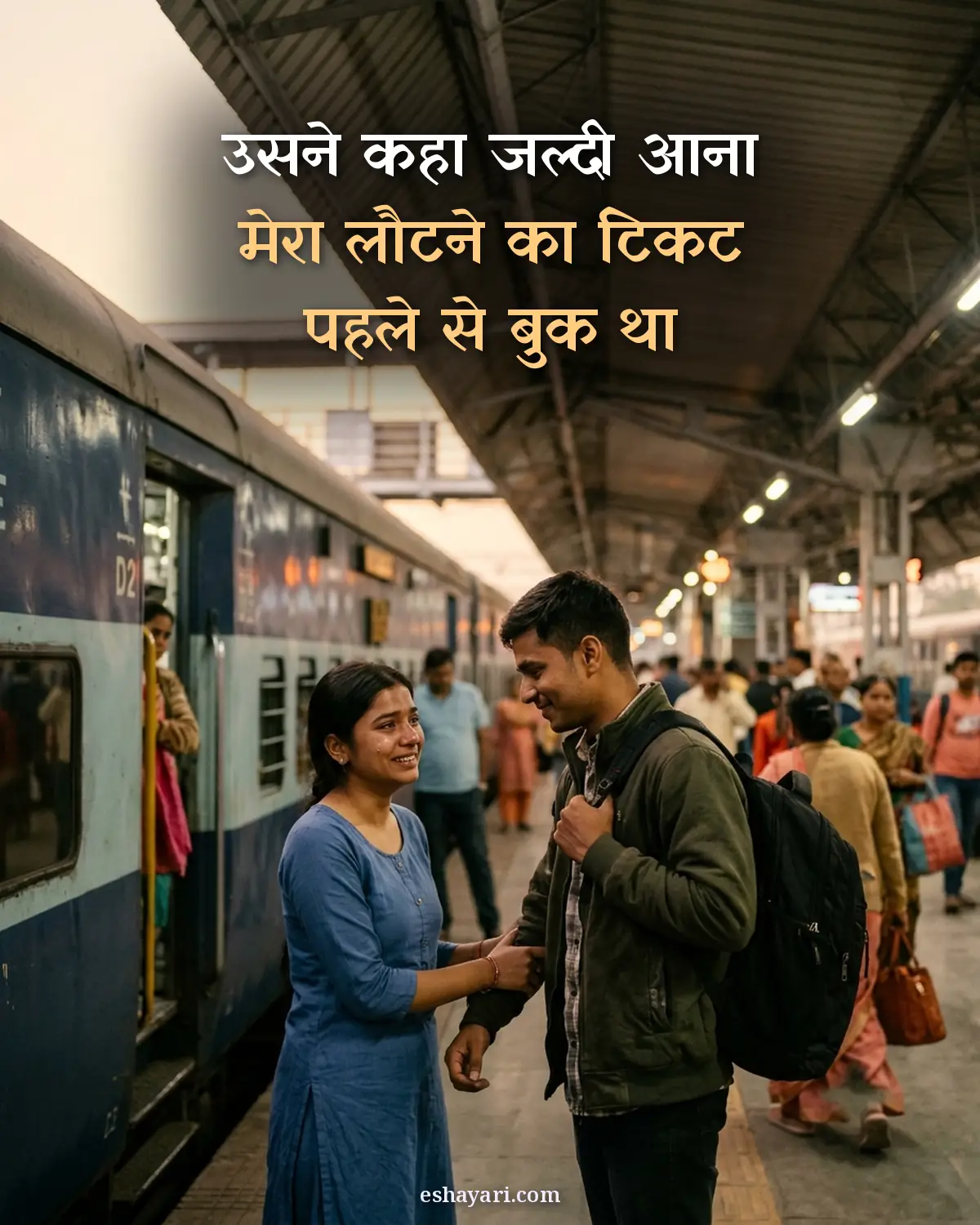 Long distance love shayari - station par train ke paas vida leta couple, स्टेशन पर हर बार उसने कहा जल्दी आना