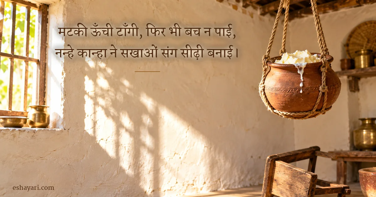 माखन चोर कान्हा शायरी – रसोई में रस्सी के छींके पर लटकी मक्खन की मटकी (Kanha Shayari)