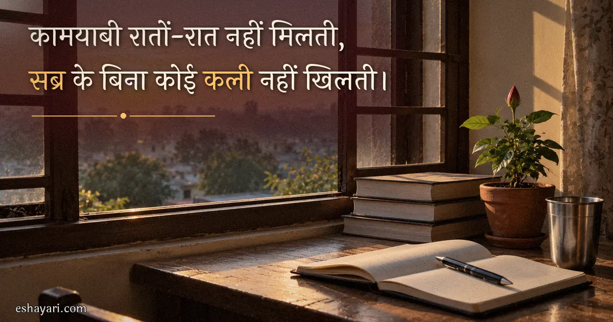 मेहनत में सब्र शायरी – सुबह स्टडी टेबल पर किताबें और कली वाला छोटा पौधा