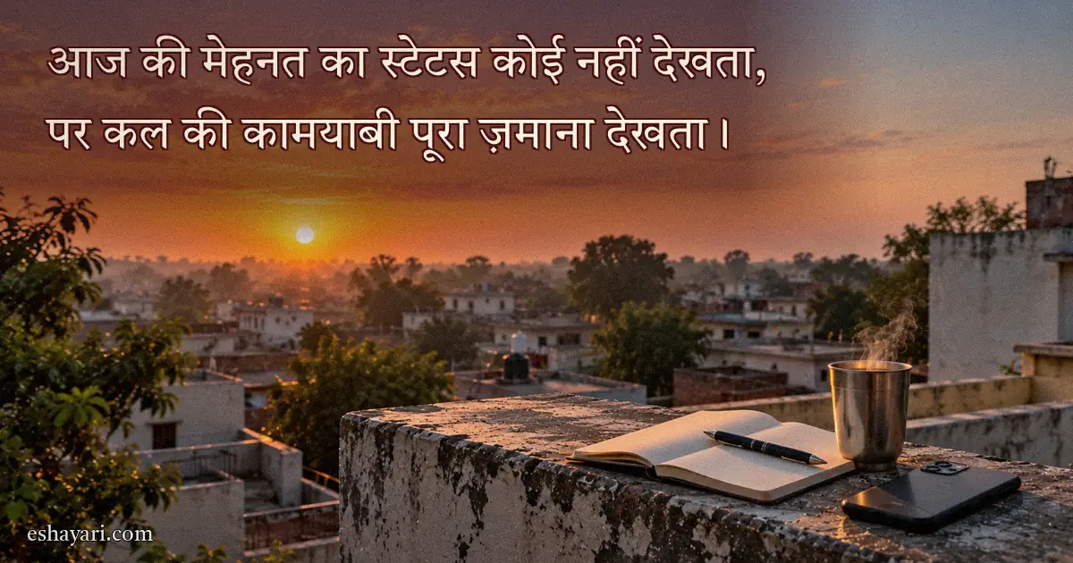 Motivational WhatsApp Status – सुबह की धूप में छत पर चाय, डायरी और फ़ोन