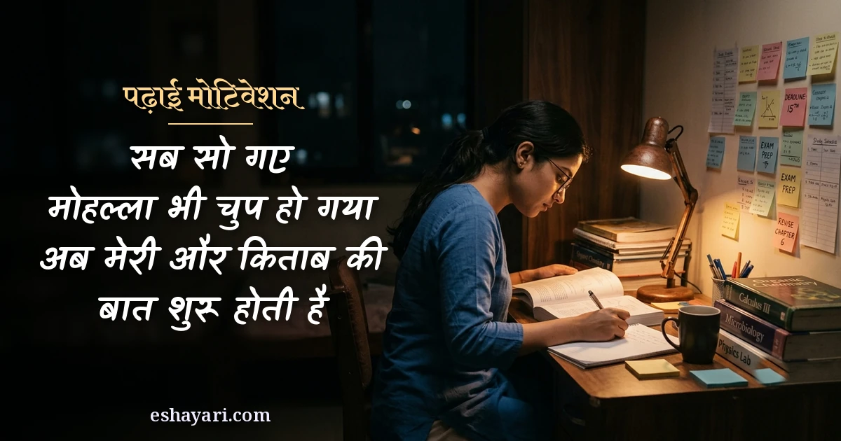 पढ़ाई मोटिवेशन शायरी - सब सो गए, मोहल्ला चुप हो गया, अब मेरी और किताब की बात शुरू होती है