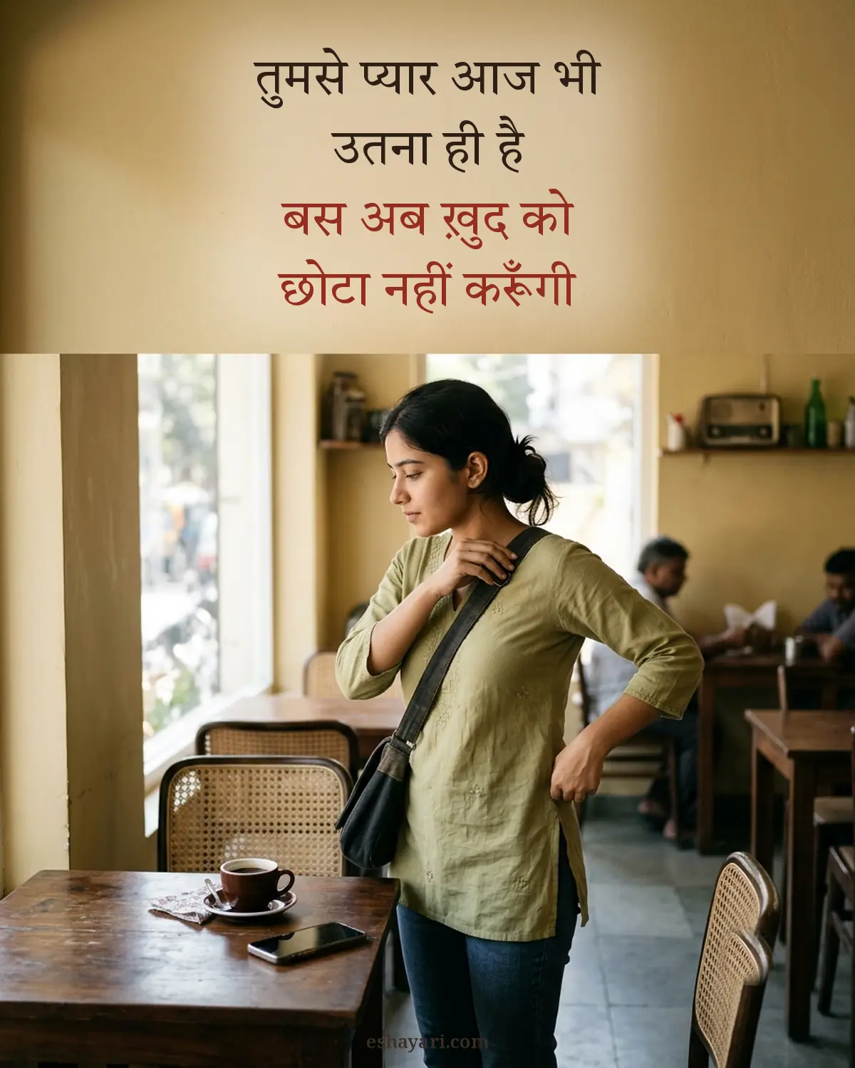 Pyar mein self respect shayari - cafe me akeli uthti ladki, फ़ोन उल्टा रखा हुआ