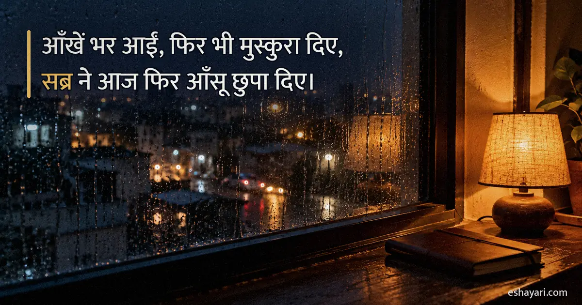 सब्र टूटने पर शायरी – रात में बारिश से भीगी खिड़की और जलता लैंप