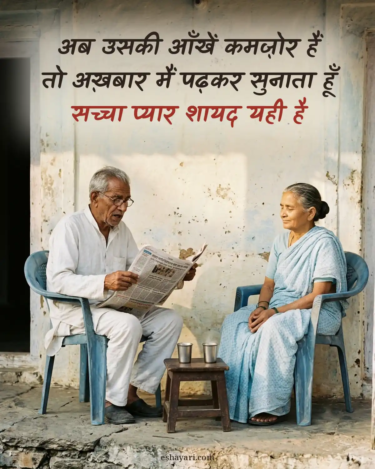 Sacha pyar shayari - aangan me patni ko akhbar padhkar sunate buzurg pati, अब उसकी आँखें कमज़ोर हैं