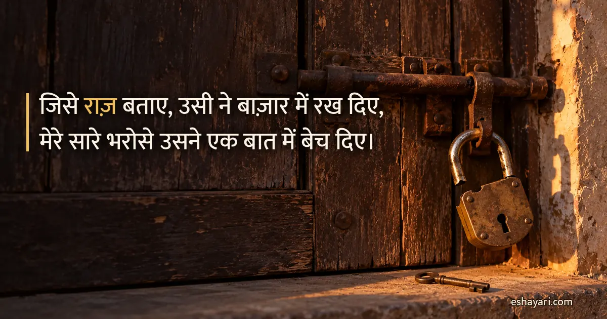 Trust Broken Shayari – पुराने लकड़ी के दरवाज़े पर टूटा हुआ पीतल का ताला (भरोसा टूटने पर शायरी)