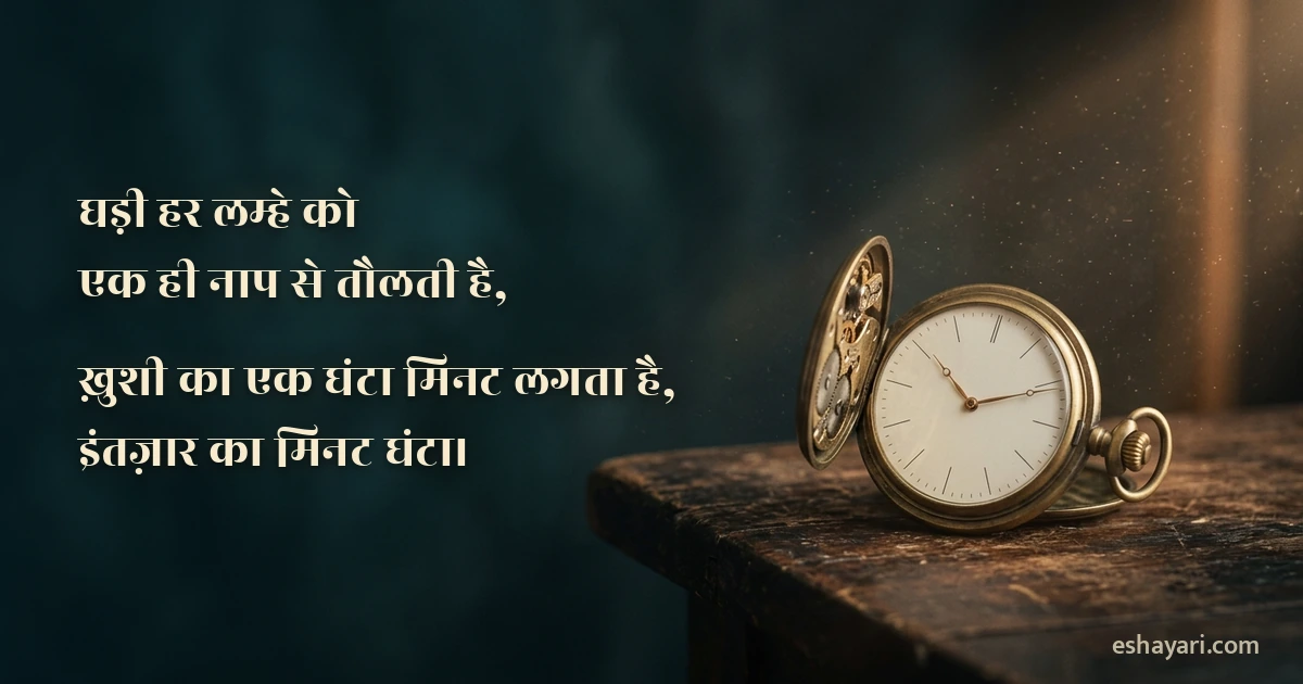 Waqt Shayari in Hindi – पुरानी लकड़ी की मेज़ पर खुली पीतल की जेब घड़ी, घड़ी हर लम्हे को एक ही नाप से तौलती है