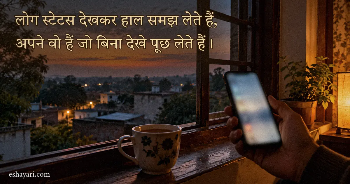 WhatsApp Status Shayari 2 Line – शाम को खिड़की के पास हाथ में फ़ोन और चाय (व्हाट्सएप स्टेटस शायरी)
